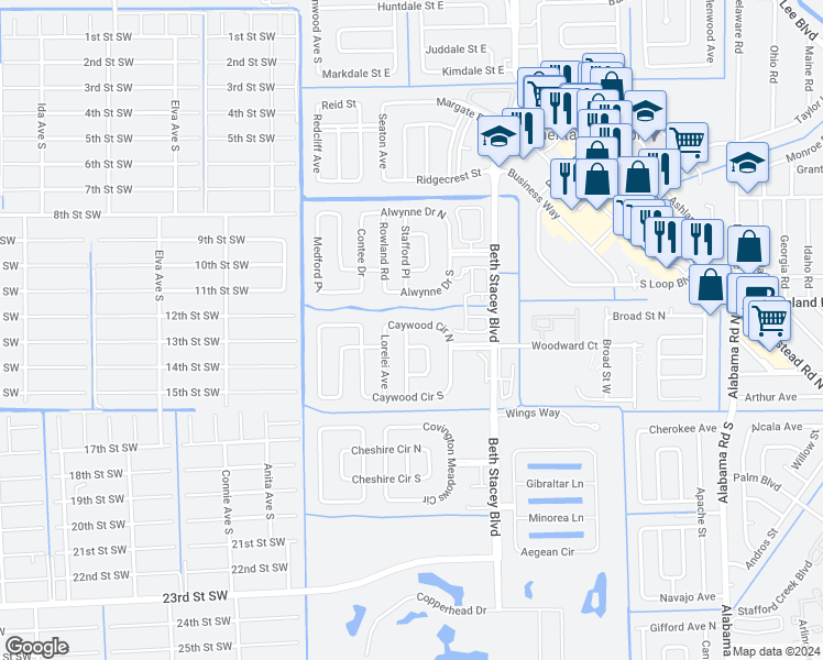 map of restaurants, bars, coffee shops, grocery stores, and more near 1439 Caywood Circle North in Lehigh Acres