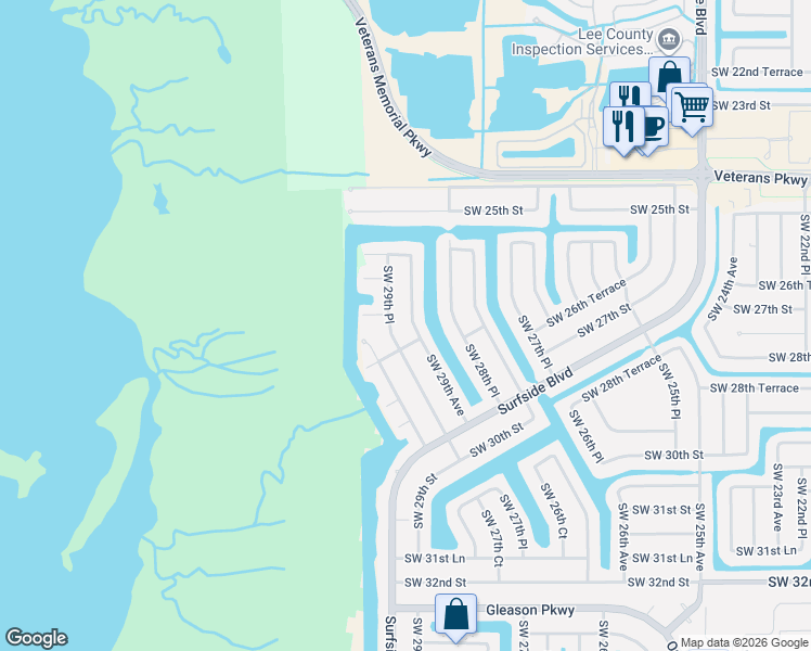 map of restaurants, bars, coffee shops, grocery stores, and more near 2632 Southwest 29th Avenue in Cape Coral
