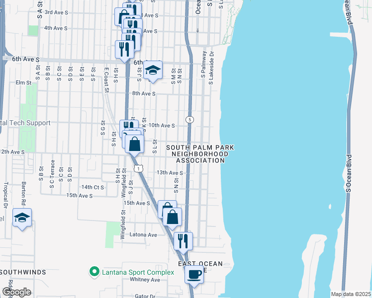map of restaurants, bars, coffee shops, grocery stores, and more near 215 11th Avenue South in Lake Worth