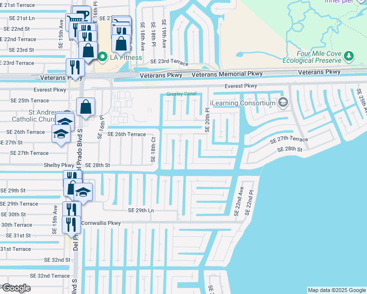 map of restaurants, bars, coffee shops, grocery stores, and more near 2624 Southeast 19th Place in Cape Coral