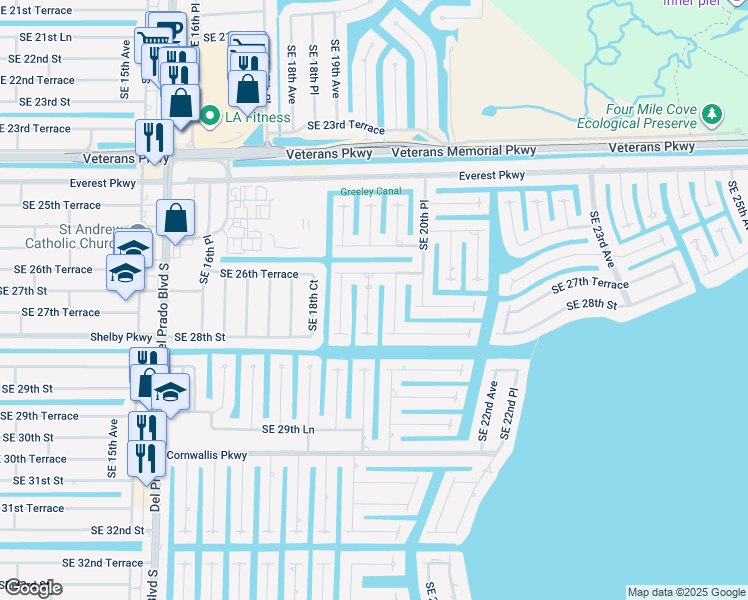 map of restaurants, bars, coffee shops, grocery stores, and more near 2624 Southeast 19th Place in Cape Coral