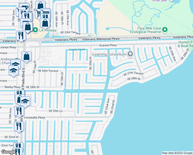 map of restaurants, bars, coffee shops, grocery stores, and more near 2616 Southeast 21st Place in Cape Coral