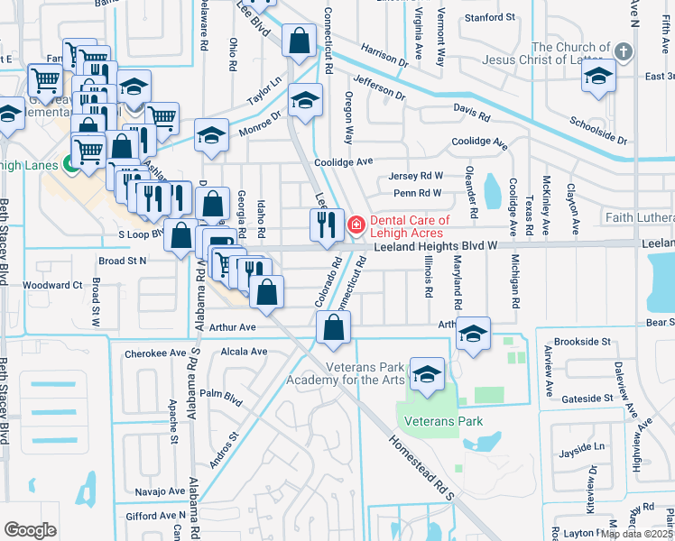 map of restaurants, bars, coffee shops, grocery stores, and more near 24 Colorado Road in Lehigh Acres