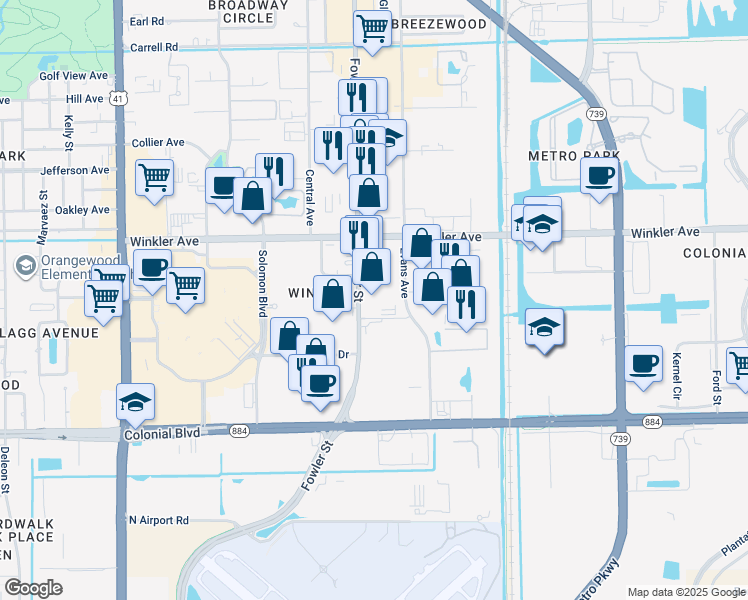 map of restaurants, bars, coffee shops, grocery stores, and more near 4105 Fowler Street in Fort Myers