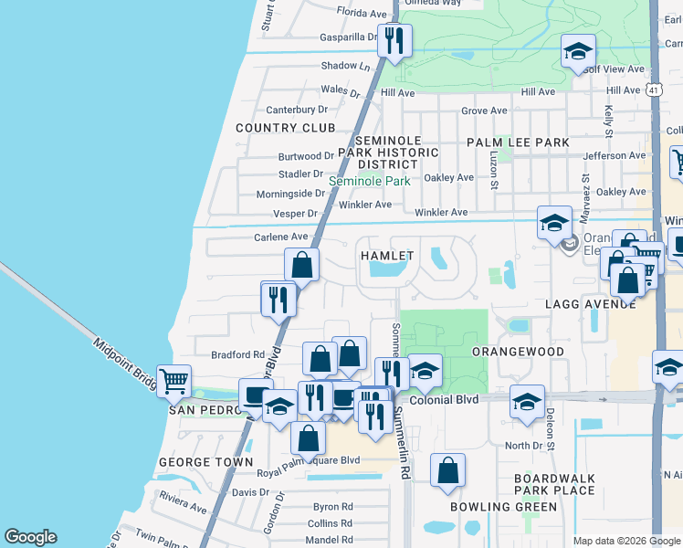 map of restaurants, bars, coffee shops, grocery stores, and more near 1412 Park Shore Circle in Fort Myers