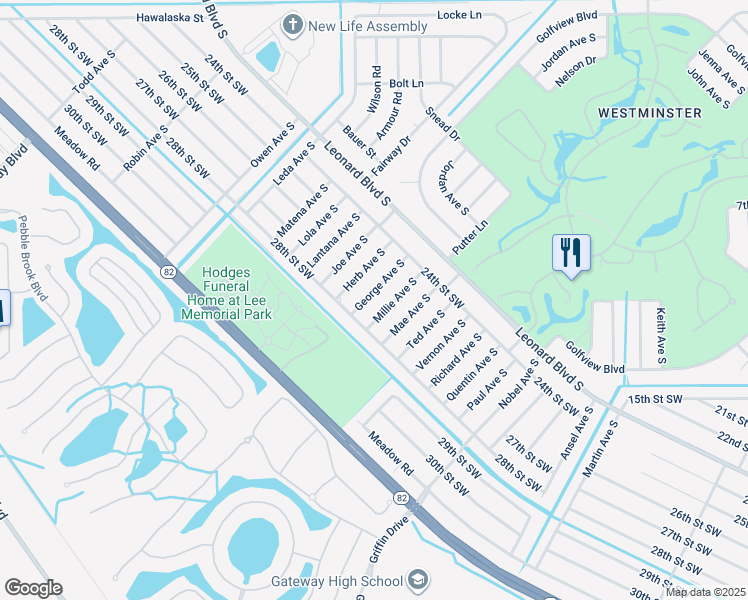 map of restaurants, bars, coffee shops, grocery stores, and more near 2423 George Avenue South in Lehigh Acres