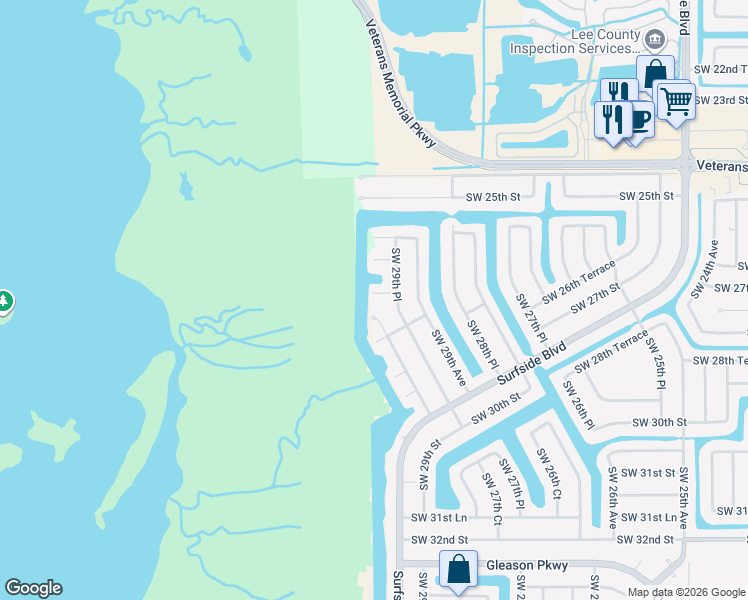 map of restaurants, bars, coffee shops, grocery stores, and more near 2927 Southwest 27th Street in Cape Coral