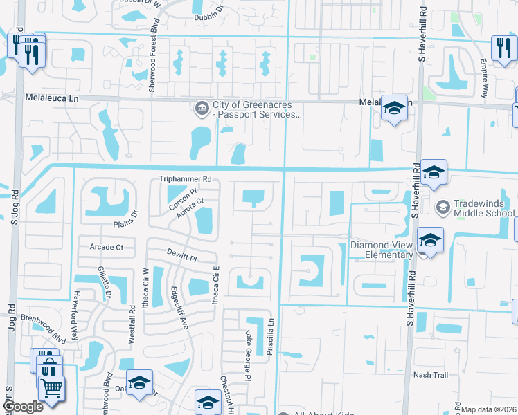map of restaurants, bars, coffee shops, grocery stores, and more near 5521 Albin Drive in Greenacres