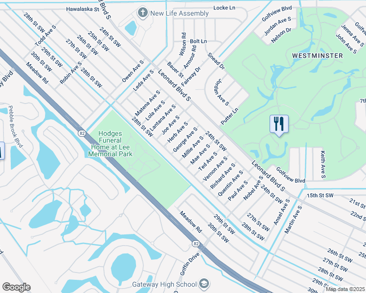 map of restaurants, bars, coffee shops, grocery stores, and more near 2423 George Avenue South in Lehigh Acres