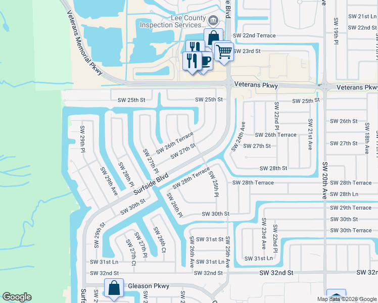 map of restaurants, bars, coffee shops, grocery stores, and more near 2574 Southwest 27th Street in Cape Coral