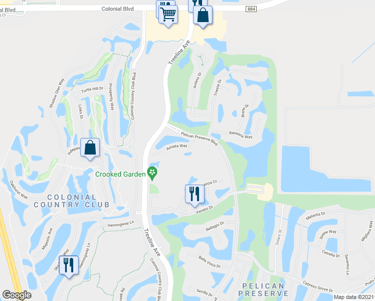 map of restaurants, bars, coffee shops, grocery stores, and more near 10540 Amiata Way in Fort Myers