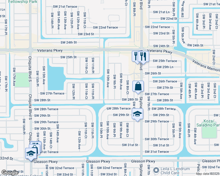 map of restaurants, bars, coffee shops, grocery stores, and more near 2624 Southwest 10th Avenue in Cape Coral