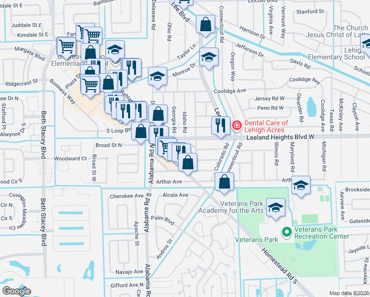 map of restaurants, bars, coffee shops, grocery stores, and more near 17 California Road in Lehigh Acres