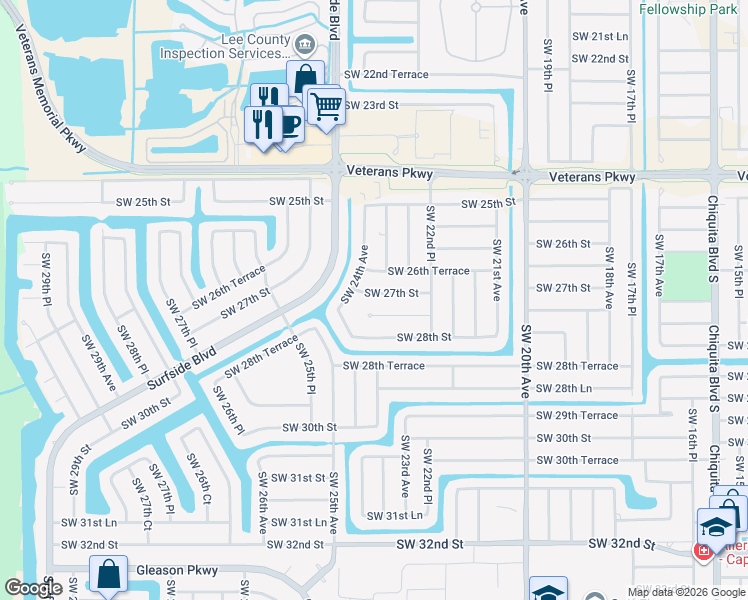map of restaurants, bars, coffee shops, grocery stores, and more near 2321 Southwest 27th Street in Cape Coral