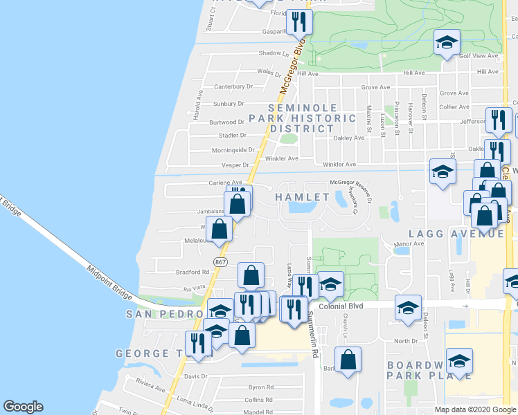 map of restaurants, bars, coffee shops, grocery stores, and more near 1408 Park Shore Circle in Fort Myers