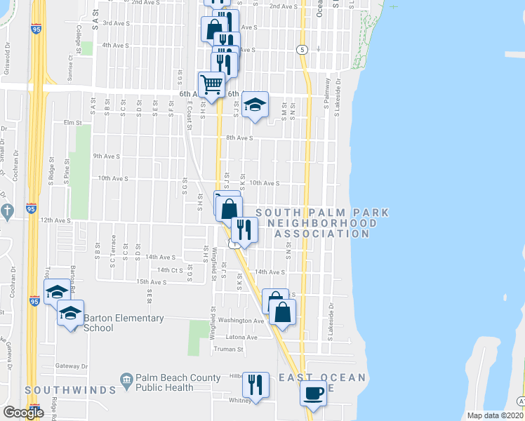 map of restaurants, bars, coffee shops, grocery stores, and more near 1104 South L Street in Lake Worth
