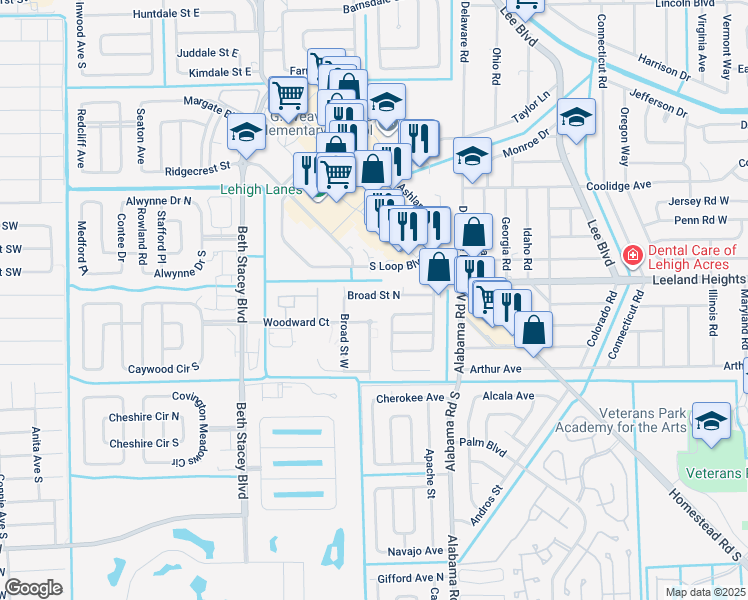 map of restaurants, bars, coffee shops, grocery stores, and more near 603A Broad Street North in Lehigh Acres