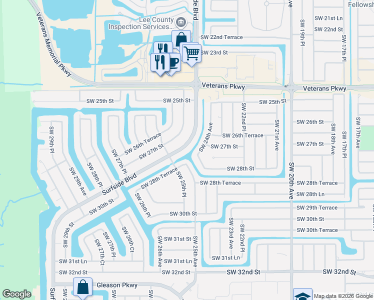 map of restaurants, bars, coffee shops, grocery stores, and more near 2569 Surfside Boulevard in Cape Coral
