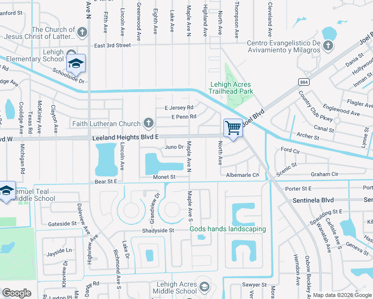 map of restaurants, bars, coffee shops, grocery stores, and more near 907 Juno Drive in Lehigh Acres