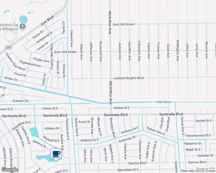 map of restaurants, bars, coffee shops, grocery stores, and more near 17 McArthur Avenue in Lehigh Acres
