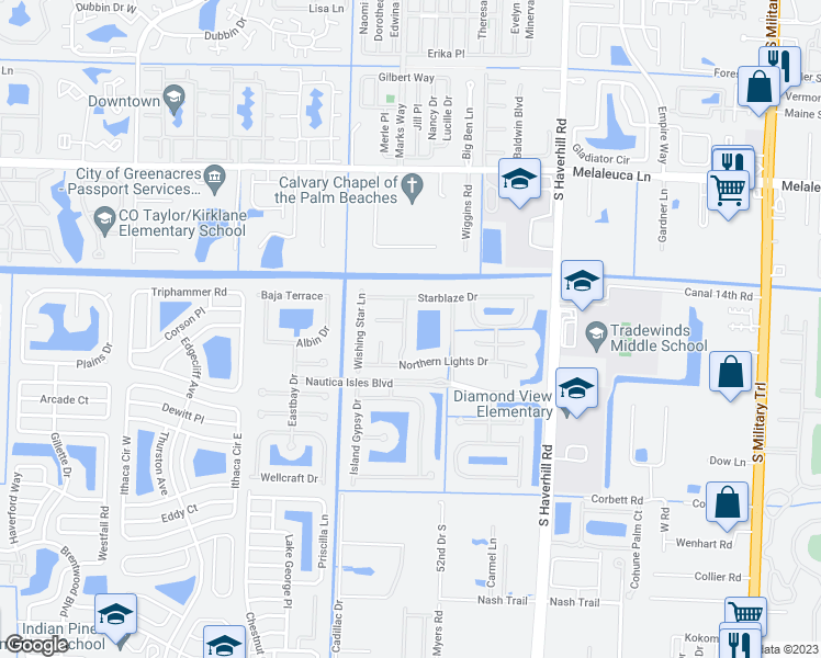 map of restaurants, bars, coffee shops, grocery stores, and more near 5322 Moon Shadow Lane in Greenacres