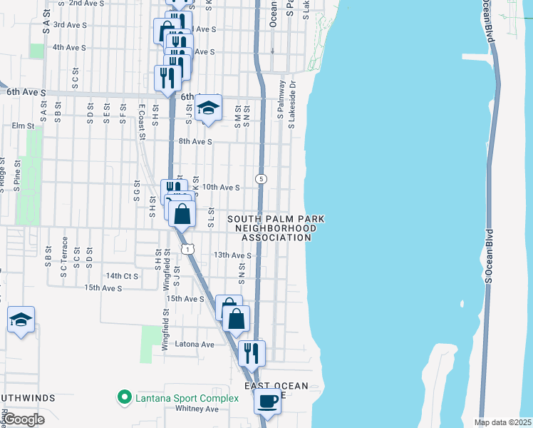 map of restaurants, bars, coffee shops, grocery stores, and more near 215 11th Avenue South in Lake Worth