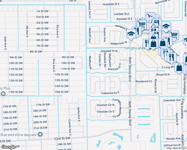 map of restaurants, bars, coffee shops, grocery stores, and more near 1537 Crestwood Circle North in Lehigh Acres
