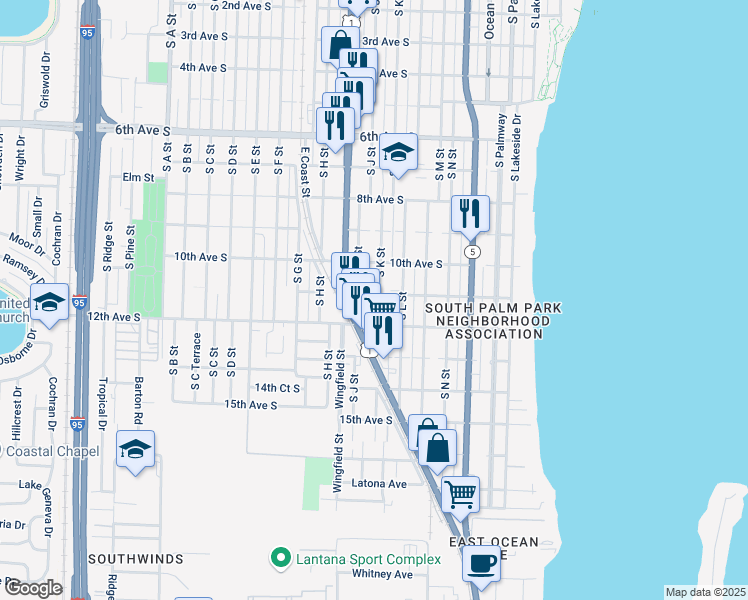 map of restaurants, bars, coffee shops, grocery stores, and more near 1 11th Avenue South in Lake Worth