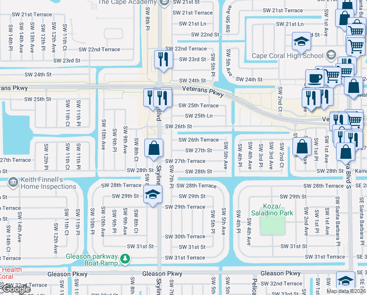map of restaurants, bars, coffee shops, grocery stores, and more near 622 Southwest 26th Terrace in Cape Coral