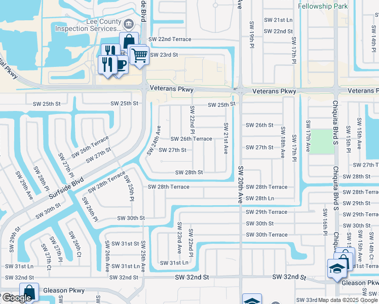 map of restaurants, bars, coffee shops, grocery stores, and more near 2212 Southwest 27th Street in Cape Coral