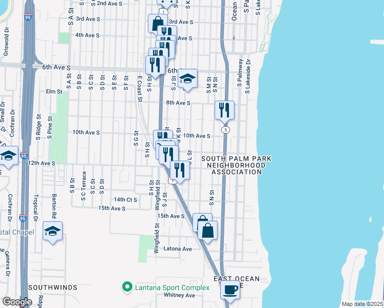 map of restaurants, bars, coffee shops, grocery stores, and more near 1104 South L Street in Lake Worth