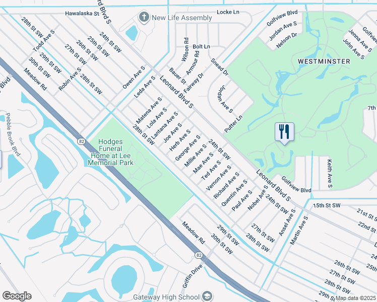 map of restaurants, bars, coffee shops, grocery stores, and more near 2423 George Avenue South in Lehigh Acres
