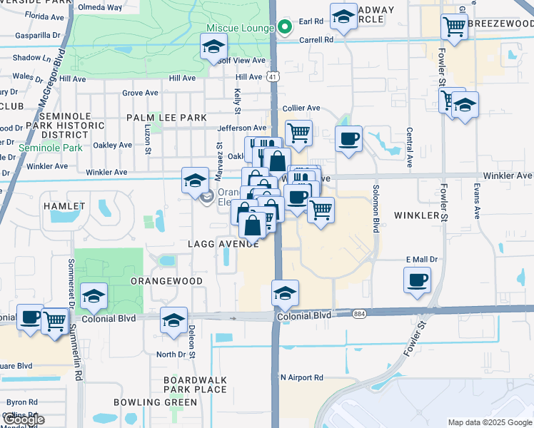 map of restaurants, bars, coffee shops, grocery stores, and more near 1921 Courtney Drive in Fort Myers