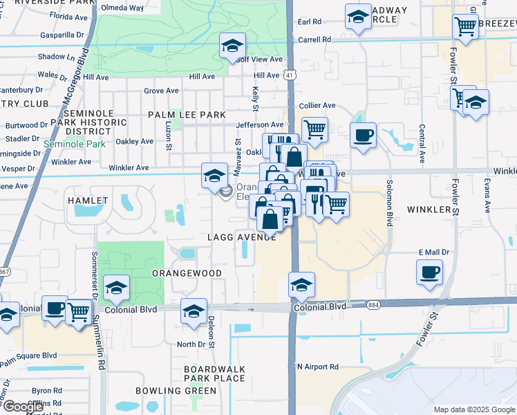 map of restaurants, bars, coffee shops, grocery stores, and more near 1919 Courtney Drive in Fort Myers