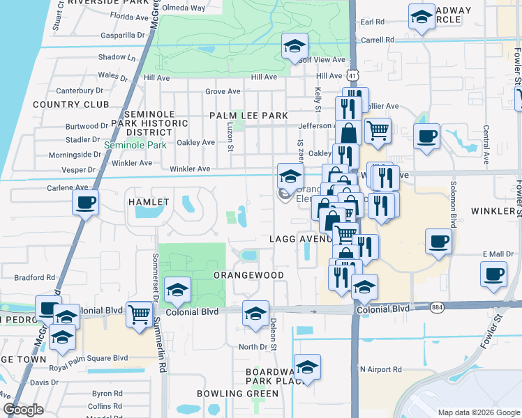 map of restaurants, bars, coffee shops, grocery stores, and more near 1601 Cushman Circle in Fort Myers