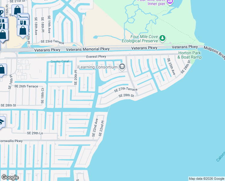 map of restaurants, bars, coffee shops, grocery stores, and more near 2228 Southeast 27th Street in Cape Coral