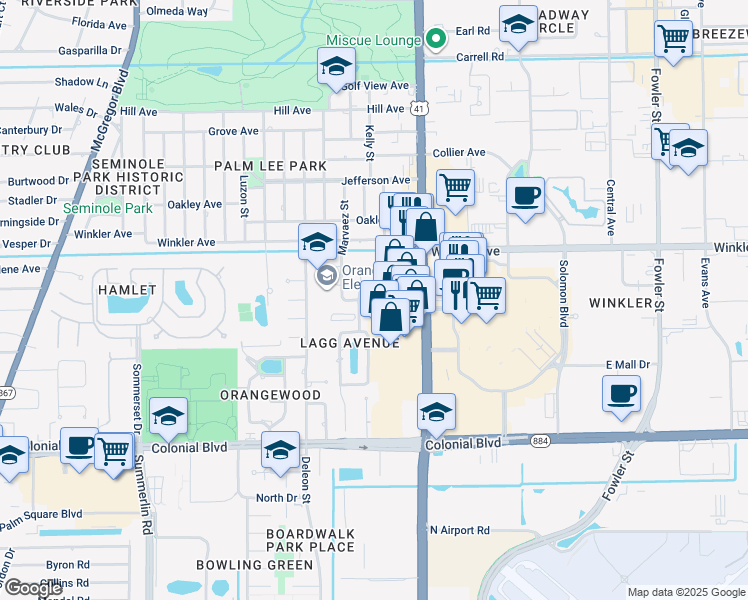 map of restaurants, bars, coffee shops, grocery stores, and more near 1919 Courtney Drive in Fort Myers