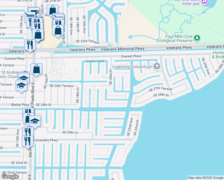 map of restaurants, bars, coffee shops, grocery stores, and more near 2629 Southeast 20th Place in Cape Coral