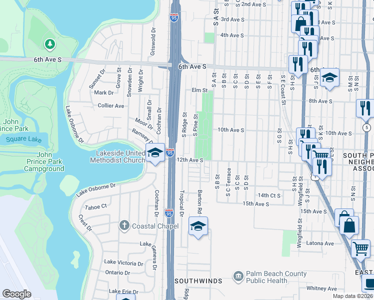 map of restaurants, bars, coffee shops, grocery stores, and more near 1109 South Pine Street in Lake Worth