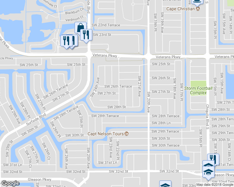 map of restaurants, bars, coffee shops, grocery stores, and more near 226 Southwest 27th Street in Cape Coral