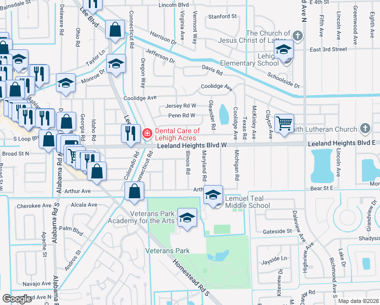 map of restaurants, bars, coffee shops, grocery stores, and more near 28 Illinois Road in Lehigh Acres