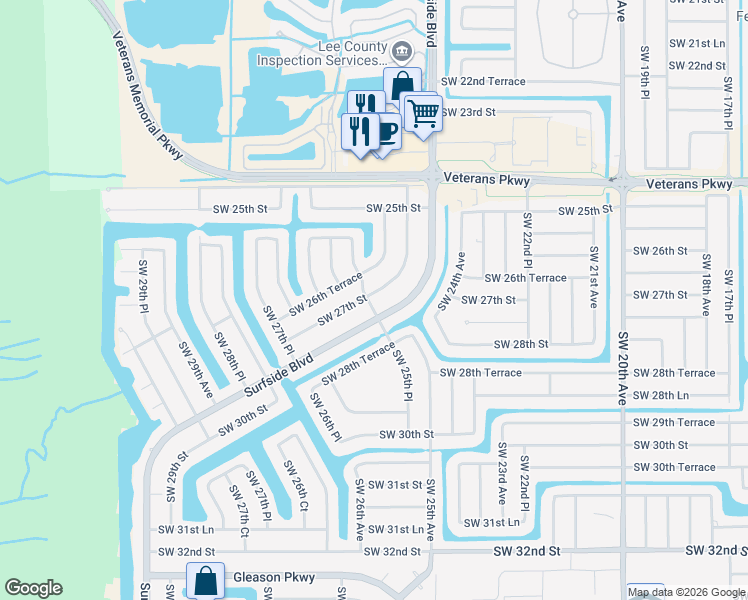 map of restaurants, bars, coffee shops, grocery stores, and more near 2574 Southwest 27th Street in Cape Coral