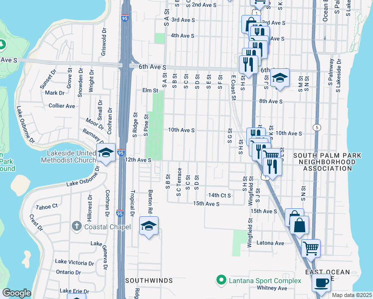 map of restaurants, bars, coffee shops, grocery stores, and more near 1105 South C Street in Lake Worth