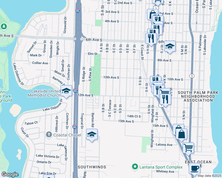 map of restaurants, bars, coffee shops, grocery stores, and more near 1105 S C St in Lake Worth