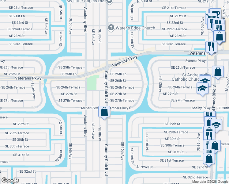 map of restaurants, bars, coffee shops, grocery stores, and more near 913 Southeast 27th Street in Cape Coral