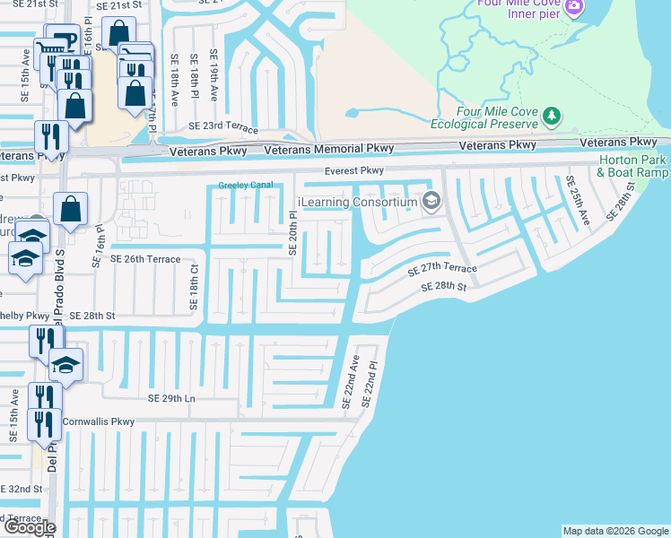 map of restaurants, bars, coffee shops, grocery stores, and more near 2616 Southeast 21st Place in Cape Coral