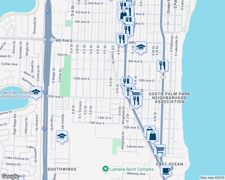 map of restaurants, bars, coffee shops, grocery stores, and more near 1102 S G St in Lake Worth
