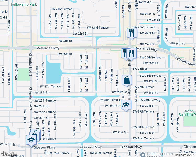 map of restaurants, bars, coffee shops, grocery stores, and more near 2624 Southwest 10th Avenue in Cape Coral