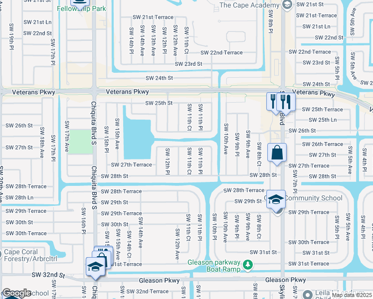map of restaurants, bars, coffee shops, grocery stores, and more near 2704 Southwest 11th Court in Cape Coral