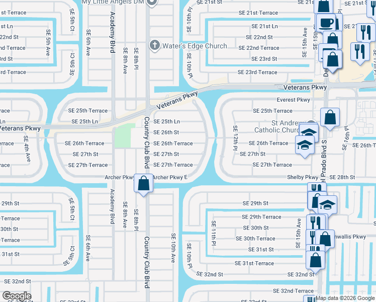 map of restaurants, bars, coffee shops, grocery stores, and more near 1027 Southeast 27th Street in Cape Coral